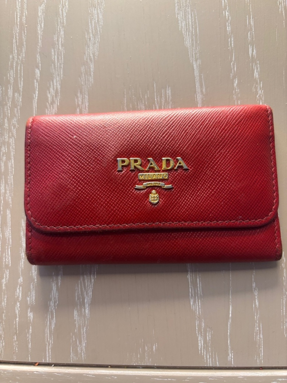 Prada Red Saffiano Leather Card Case with Gold Logo key holder